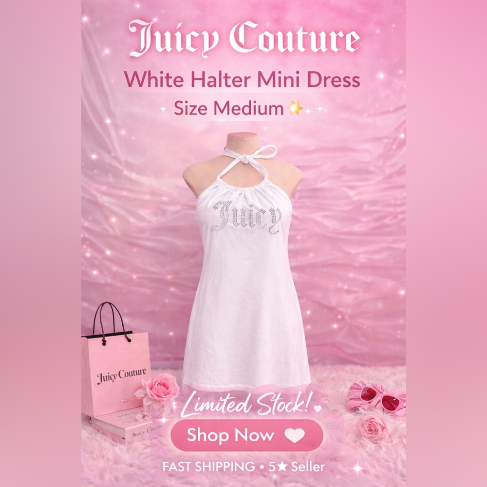 On Sale ‼️Juicy Couture White Halter Dress Rhinestone Logo Y2K Size Medium Rare✨